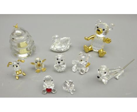 Swarovski crystal swan, teddy bear, monkey, dog and one other, four other similar figures and a glass beehive shaped ornament