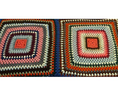 Hand knitted multicoloured wool crochet double size bed spread, made up of sixteen square panels, W220cm x L220cm     Conditi