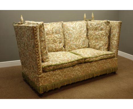 20th century two seat Knole sofa upholstered in floral fabric with studs, W178cm, H100cm, D92cm   Condition Report   Click he