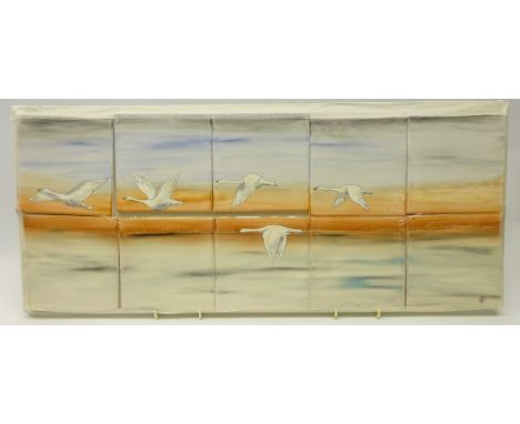 Set of ten hand glazed tiles depicting swans in flight, each tile 6" x 6" 