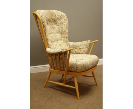 Ercol 'Windsor' light beech finish easy wingback armchair with high back, W72cm   Condition Report   Click here for further i