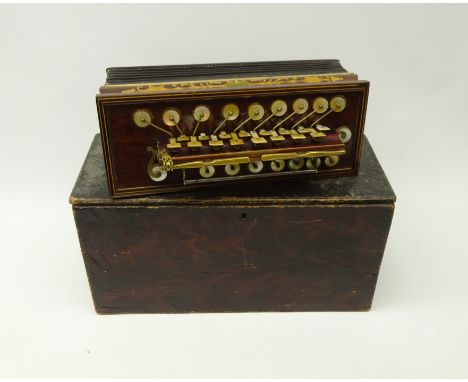 19th century inlaid rosewood accordion flutina by  W. Winrow & Son with mother-of-pearl and brass keys in original pine box, 