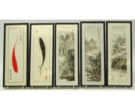 20th century, set of three Chinese mountainous landscape scenes, ink on paper with signature and seal marks and a pair of Chi