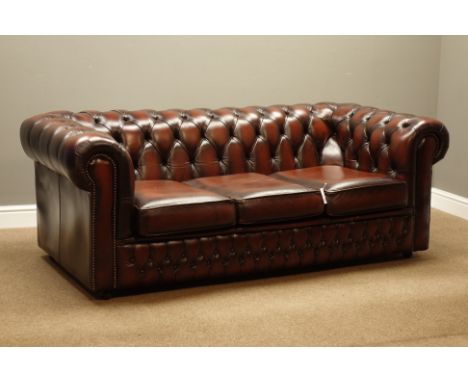 Three seat Chesterfield sofa upholstered in buttoned red leather, W190cm, D93cm   Condition Report   Click here for further i