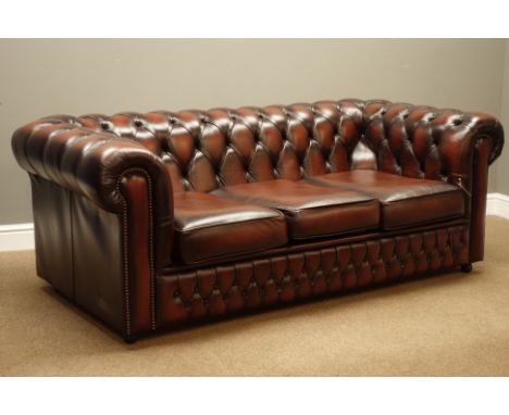 Three seat Chesterfield sofa upholstered in buttoned red leather, W190cm, D93cm   Condition Report   Click here for further i