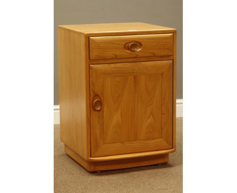 Ercol light finish elm cabinet with cupboard and drawer, W47cm, H69cm, D45cm   Condition Report   Click here for further imag