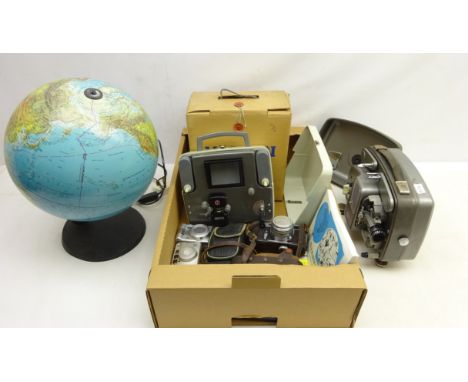 Vintage Blue Water Spot Globe by Scanglobe, Magnon 8mm movie editor with original box, Aires 35 camera & case, Bolex Paillard