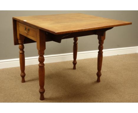 20th century light oak drop leaf table, with drawer to end, turned supports, 91cm x 61cm, H77cm   Condition Report   Click he