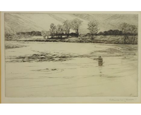 Fishing by a River, drypoint etching signed in pencil by Norman Wilkinson (British 1878-1971) 18cm x 27.5cm    Condition Repo