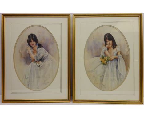 Portrait of a Lady Holding Flowers and a Letter, two oval colour prints after Eric Richard Sturgeon (British 1920-2000) 45cm 