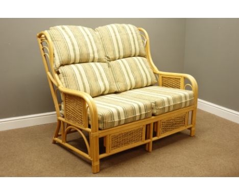 Three piece cane and bamboo conservatory suite - two seat sofa (W122cm, D92cm), and pair matching armchairs (W67cm),  with up