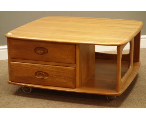 Ercol 'Windsor Pandora's Box' light finish elm square coffee table, two drawers and book storage, 80cm x 80cm, H39cm    Condi