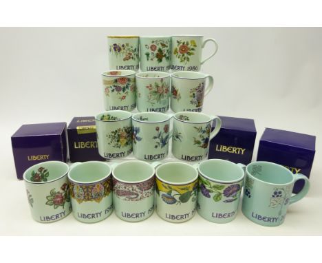 Liberty of London annual mugs by Adams & Poole pottery, 1984-1993, 1995-1998 & 2000, four with boxes (15)   Condition Report 