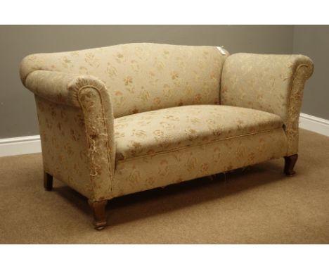 Late Victorian beech framed two seat sofa, traditional shaped with drop arm, sprung seat and back, W150cm, D77cm   Condition 