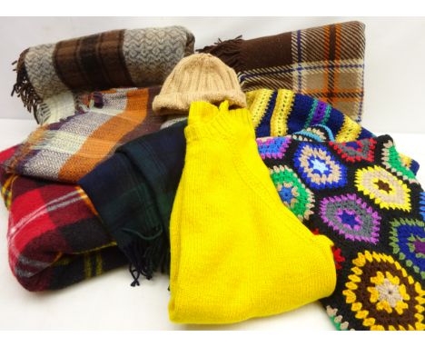 Textiles - five tartan wool blankets and another similar, two hand knitted multicoloured wool crochet throws, hand knitted ye