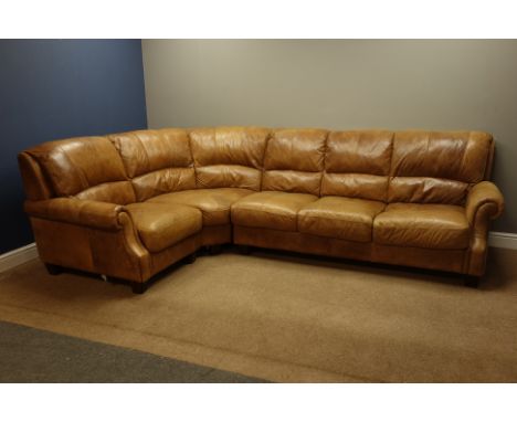 Large traditional shaped corner sofa upholstered in tan leather, 300cm x 210cm    Condition Report   Click here for further i