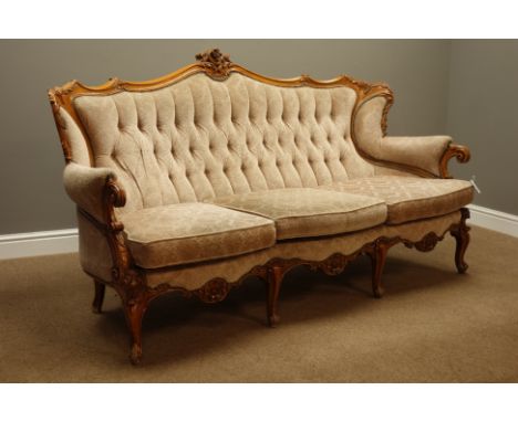 Mid to late 20th century Italian style carved beech framed three seat sofa (W190cm, D115cm), matching armchair (W80cm)