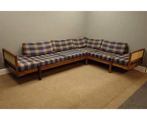 19760s/70s Guy Rogers 'Beverly Hills Sofas'  teak framed corner sofa daybed, canvas panelled backs, with pull out extensions 