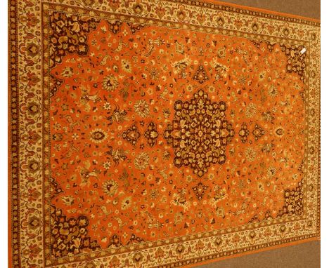 Large Persian Kashan design rust ground rug carpet, large rosette medallion, decorated with hunting scenes and stylised flowe
