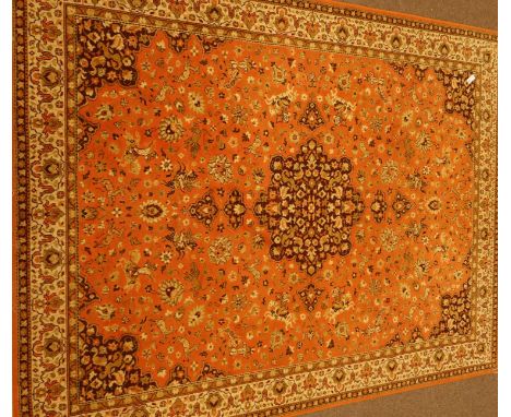 Large Persian Kashan design rust ground rug carpet, large rosette medallion, decorated with hunting scenes and stylised flowe