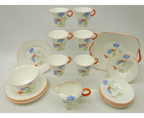 1930's Shelley Regent shape tea service for six persons, decorated with floral sprays, orange painted rims and handles, patte