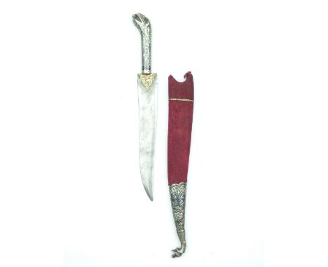 A Composite Russian or Caucasian Dagger, 18.5cm recurved blade inlaid with a panel of gold damascene foliage at the forte, si
