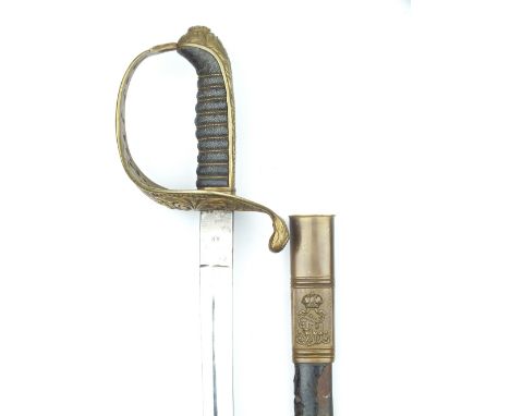 An Austrian Sword, 78.5cm slightly curved plated blade stamped AK and SOLINGEN, pierced brass hilt decorated with a crowned A