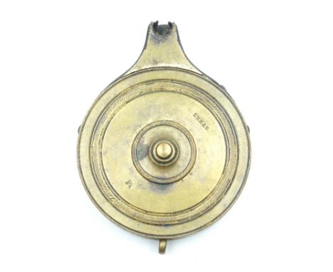A Brass Cap Dispenser by Sykes, the screw-off lid decorated with concentric circles and stamped SYKES and M, central locating