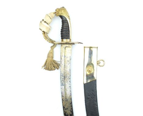 A Good 1803 Pattern Grenadier Guards Officer's Sword, 82.5cm sharply curved blued and gilt blade by Osborn & Gunby decorated 
