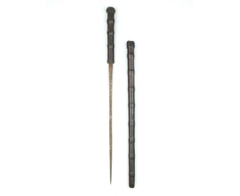 A late Victorian or Edwardian Swagger Sword Stick, 36cm square-section tapering blade, leather wrapped ribbed wooden hilt, co