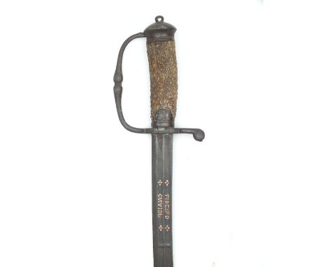 An 18th Century hunting hanger, 51cm curved double fullered blade inlaid in copper to either side with the Latin motto FIDESE