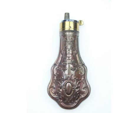 A Very Good Embossed Copper Powder Flask, of pistol size and retaining virtually all of its original lacquered finish, lacque