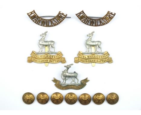 First War Royal Warwickshire Regiment 1st Birmingham Battalion Insignia Grouping, comprising, two cap badges with the 1ST BIR