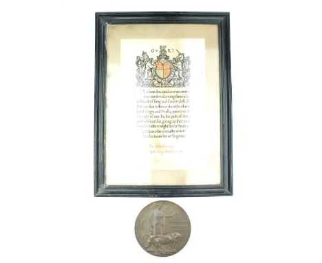 A First War Death Plaque and Scroll, to Private John Bradley, Army Service Corps, scroll with contemporary frame and glazed. 