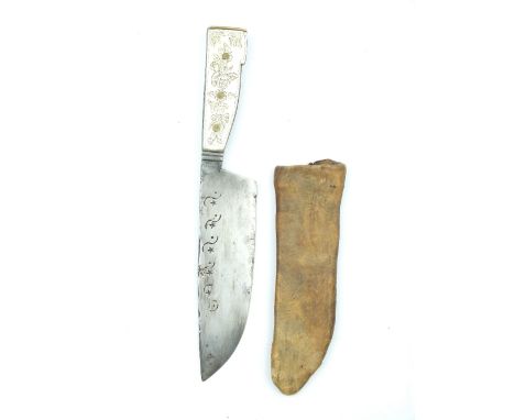 A Late 18th Century German (?) Hunting Knife, 15.5cm heavy blade with faceted back edge decorated with a snake, the blade inc