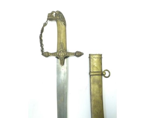A 2nd West India Regt Bandsman's Sword, 70cm curved blade, regulation cast and chased brass hilt with stylised lion's head po