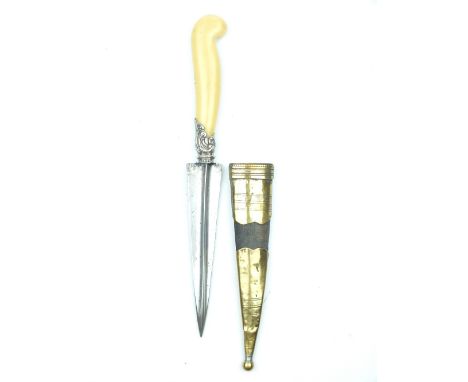 An Indian Dagger, 15cm quatrefoil blade, white metal mounted ivory grip, contained in its brass mounted, cloth wrapped wooden