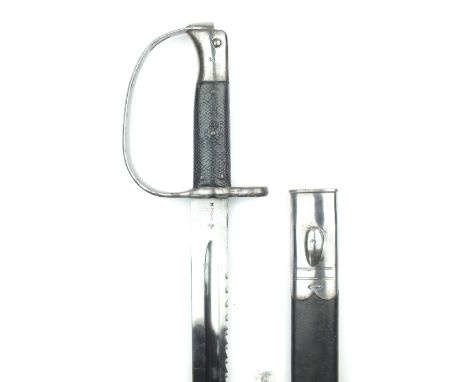 A Model 1879 Bayonet, 65.5cm saw-backed blade with various Ordnance stamps, D-shaped knuckle guard, chequered two-piece grips