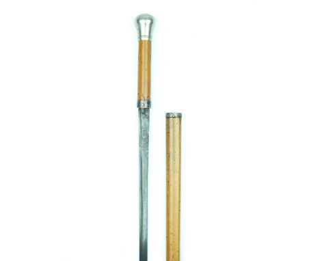 A 19th Century White Metal Mounted Malacca Swordstick, 69cm fullered blade stamped MOLE on the back edge, malacca handle with
