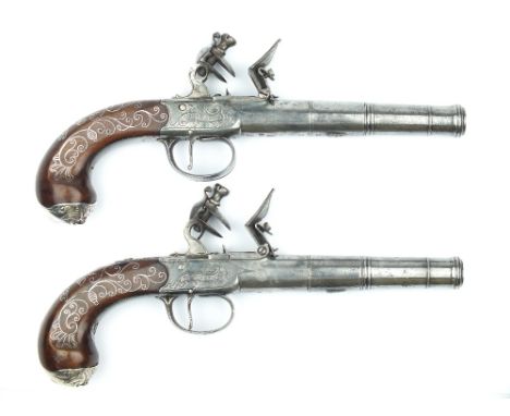 A Pair of Silver Mounted Flintlock Queen Anne Style Cannon Barrelled Pistols by Richards, 3.5inch three-stage ring-turned bar