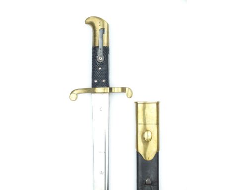 A Lancaster Bayonet, 61cm pipe backed blade with spear point, regulation brass hilt stamped R.A.M.C. 6781. and 8.99 on the po