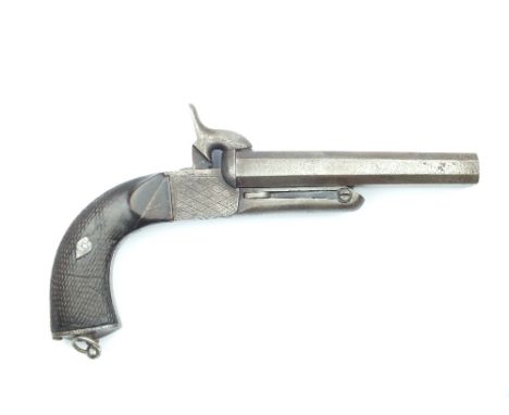 A Double Barrelled Continental Boxlock Pinfire Travelling Pistol, 5.5inch rifled barrels, border and diamond engraved action,