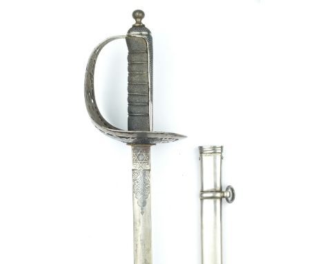 A Gordon Highlanders Field Officer's sword, 79cm double fullered broadsword blade etched with scrolling foliage, thistles and