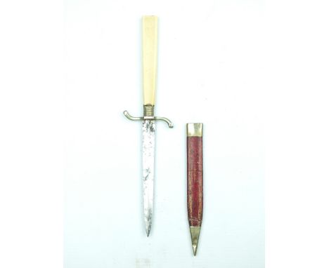 A 19th Century Ivory Hilted Dirk or Dagger, 12.5cm flattened diamond section blade, recurved white metal crossguard, plain iv