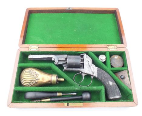 A Cased Five-Shot Percussion Open-Framed Revolver, 4inch sighted octagonal barrel engraved at the muzzle and breech, border e