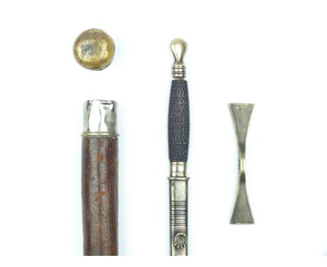 A Masonic Sword Contained in its Walking Stick Case, 69.5cm flattened diamond section blade etched with scrolling foliage and