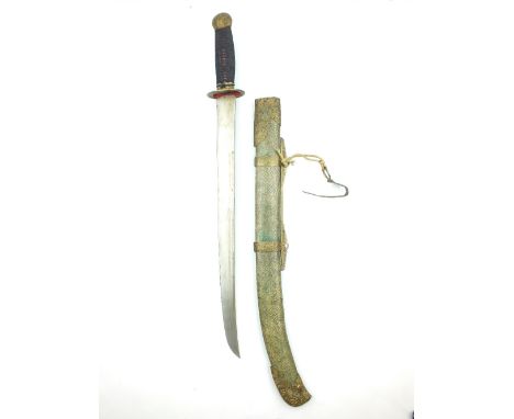 A late 19th or Early 20th Century Chinese Sword, 47.5cm double fullered blade, characteristic brass hilt decorated with scrol