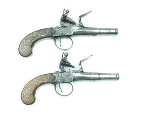 A Pair of Flintlock Boxlock Cannon-Barrelled Pistols by Richards, 2.25inch three-stage barrels with ring-turned muzzles, bord