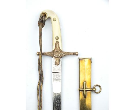 An 1831 Pattern General Officer's Sword, 84cm slightly curved blade with clipped back point, etched with scrolling foliage, c