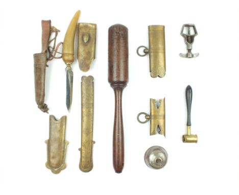A Turned Wooden Truncheon, 32cm over all length, cylindrical head date stamped 1867, together with a two sets of brass sword 